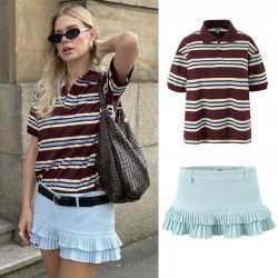 European and American cross-border 2025 Spring long-sleeved American retro color-blocking striped polo shirt, loose-necked women's T-shirt + pleated short skirt