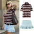 European and American cross-border 2025 Spring long-sleeved American retro color-blocking striped polo shirt, loose-necked women's T-shirt + pleated short skirt