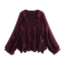 Cross-border wholesale 2025 Spring New women's clothing V-neck single-breasted long-sleeved layered decorative shirts in European and American style