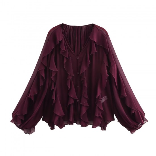 Cross-border wholesale 2025 Spring New women's clothing V-neck single-breasted long-sleeved layered decorative shirts in European and American style Cross-border wholesale 2025 Spring New women's clothing V-neck single-breasted long-sleeved layered decorative shirts in European and American style