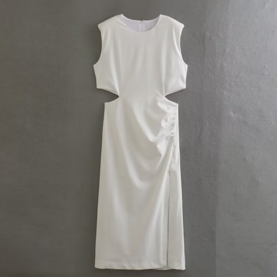 This is a new summer women's dress with a European and American style, featuring a round neck, solid color, and a hollowed-out pleated slit at the waist This is a new summer women's dress with a European and American style, featuring a round neck, solid color, and a hollowed-out pleated slit at the waist