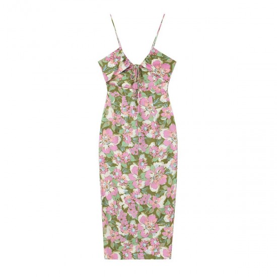 2110 Summer new women's dress with European and American style halter V-neck, flower print, high-waisted single-breasted slit