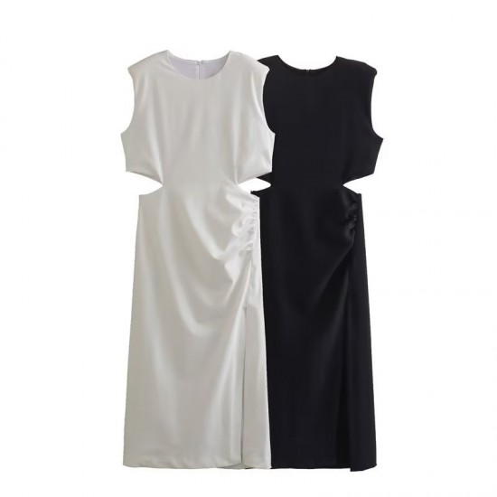 This is a new summer women's dress with a European and American style, featuring a round neck, solid color, and a hollowed-out pleated slit at the waist This is a new summer women's dress with a European and American style, featuring a round neck, solid color, and a hollowed-out pleated slit at the waist