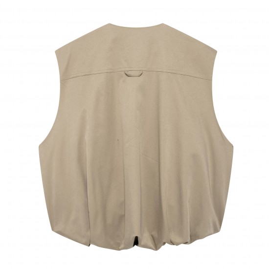 Sleeveless pilot jacket wholesale 2025 spring European and American fashion pleated round neck zipper loose vest for women Sleeveless pilot jacket wholesale 2025 spring European and American fashion pleated round neck zipper loose vest for women