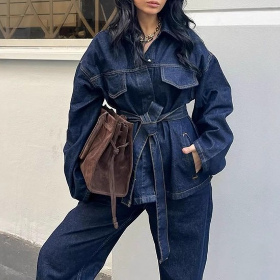 A casual suit for women with visible thread decoration, a belt, flap decoration, long-sleeved lapels, loose shirt, jacket, straight-leg trousers and casual wear A casual suit for women with visible thread decoration, a belt, flap decoration, long-sleeved lapels, loose shirt, jacket, straight-leg trousers and casual wear