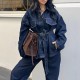 A casual suit for women with visible thread decoration, a belt, flap decoration, long-sleeved lapels, loose shirt, jacket, straight-leg trousers and casual wear A casual suit for women with visible thread decoration, a belt, flap decoration, long-sleeved lapels, loose shirt, jacket, straight-leg trousers and casual wear