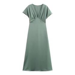 Cross-border Express Spring 2025 Women's Wear V-neck silk satin texture MIDI dress with a high-end European and American style