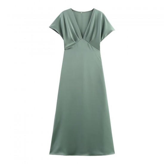 Cross-border Express Spring 2025 Women's Wear V-neck silk satin texture MIDI dress with a high-end European and American style Cross-border Express Spring 2025 Women's Wear V-neck silk satin texture MIDI dress with a high-end European and American style