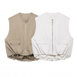 Sleeveless pilot jacket wholesale 2025 spring European and American fashion pleated round neck zipper loose vest for women