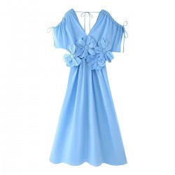 Summer 2024 new collection for foreign trade wholesale: European and American cross-border women's clothing three-dimensional flower V-neck short-sleeved drawstring dress