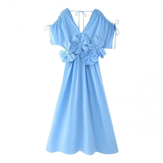 Summer 2024 new collection for foreign trade wholesale: European and American cross-border women's clothing three-dimensional flower V-neck short-sleeved drawstring dress Summer 2024 new collection for foreign trade wholesale: European and American cross-border women's clothing three-dimensional flower V-neck short-sleeved drawstring dress