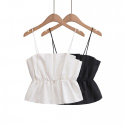 A sweet, casual and versatile white puffy stretch top with a straight neck and thin halter top for summer 2025 women's collection