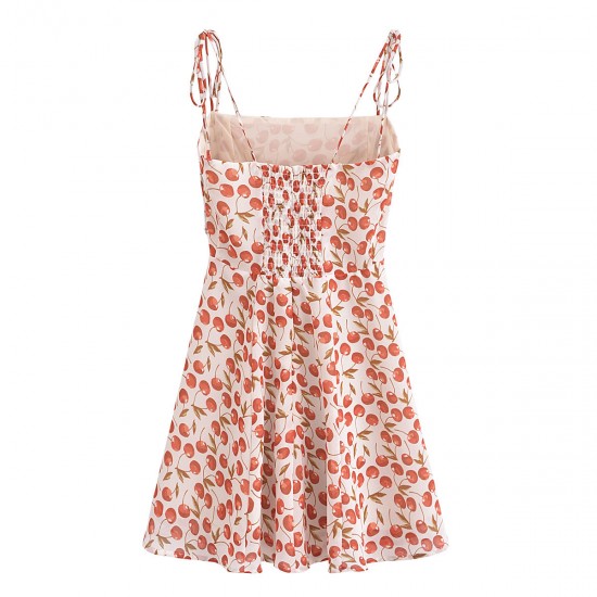 Hot Girl's new slimming country-style retro waisted printed French cherry women's summer lace-up 24 halter dress Hot Girl's new slimming country-style retro waisted printed French cherry women's summer lace-up 24 halter dress