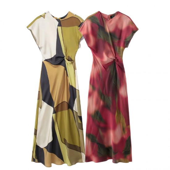 Elegant and refined silk satin texture printed dress wholesale 2025 summer cape sleeve knot decoration fitted mid-length MIDI dress Elegant and refined silk satin texture printed dress wholesale 2025 summer cape sleeve knot decoration fitted mid-length MIDI dress