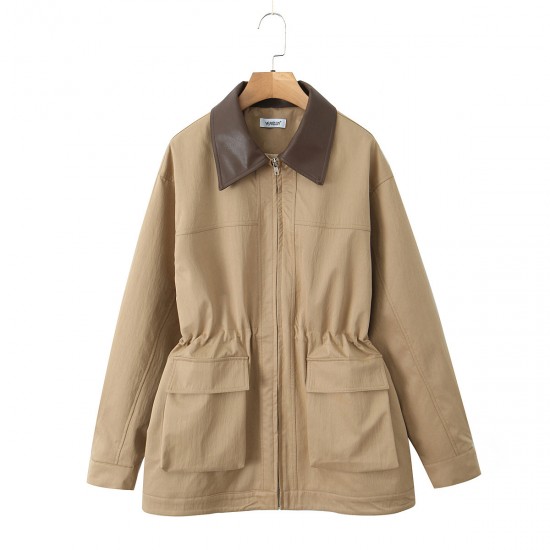 European and American cross-border wholesale 2025 spring workwear style patchwork collar large pocket long-sleeved loose women's windbreaker jacket European and American cross-border wholesale 2025 spring workwear style patchwork collar large pocket long-sleeved loose women's windbreaker jacket
