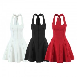 French square neck halter waist retro short skirt dress, European and American party wide swing patchwork halter mini skirt