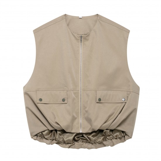 Sleeveless pilot jacket wholesale 2025 spring European and American fashion pleated round neck zipper loose vest for women Sleeveless pilot jacket wholesale 2025 spring European and American fashion pleated round neck zipper loose vest for women