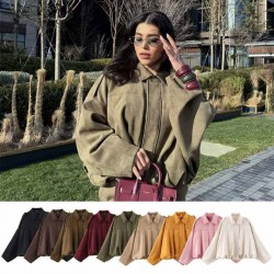 Spring 2025 European and American fashion pilot jacket, bat sleeve, zipper loose suede texture coat, women's casual top