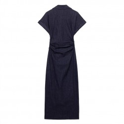 Summer's new women's dress with a commuting style, V-neck design, side pleated and hip-hugging dress, and a long dress in European and American style