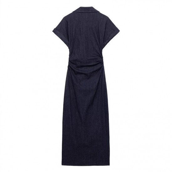 Summer's new women's dress with a commuting style, V-neck design, side pleated and hip-hugging dress, and a long dress in European and American style