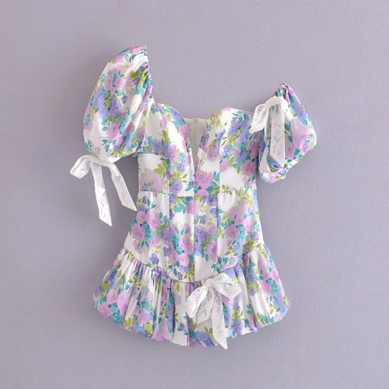 Cross-border French asymmetrical puffed sleeve dress, lace tie lotus leaf dress Cross-border French asymmetrical puffed sleeve dress, lace tie lotus leaf dress