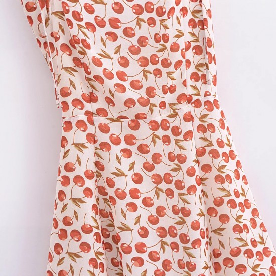 Hot Girl's new slimming country-style retro waisted printed French cherry women's summer lace-up 24 halter dress Hot Girl's new slimming country-style retro waisted printed French cherry women's summer lace-up 24 halter dress