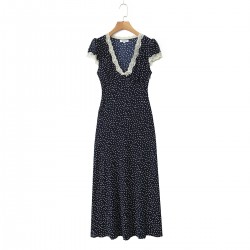 Spring 2025 new French lace patchwork polka dot dress V-neck country-style printed figure-hugging long dress