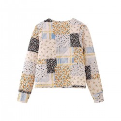 5756 Early Autumn new women's clothing, European and American style round-neck color-blocked small floral long-sleeved cotton-padded jacket