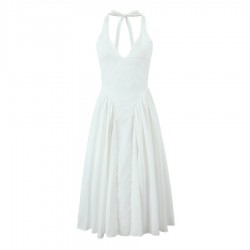 Floral halter long dress 2025 summer European and American sexy backless deep V-neck slim pleated vacation beach dress