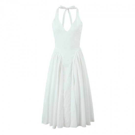 Floral halter long dress 2025 summer European and American sexy backless deep V-neck slim pleated vacation beach dress Floral halter long dress 2025 summer European and American sexy backless deep V-neck slim pleated vacation beach dress