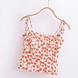 Hot Girl's new slimming country-style retro waisted printed French cherry women's summer lace-up 24 halter dress