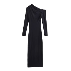 Amazon's new winter women's dress with a European and American style, featuring a slanted neck, long sleeves, high waist and mid-length asymmetrical design