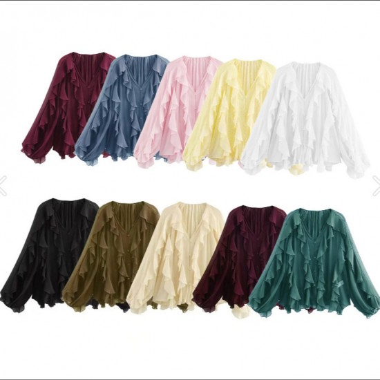 Cross-border wholesale 2025 Spring New women's clothing V-neck single-breasted long-sleeved layered decorative shirts in European and American style Cross-border wholesale 2025 Spring New women's clothing V-neck single-breasted long-sleeved layered decorative shirts in European and American style