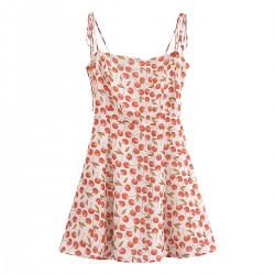 Hot Girl's new slimming country-style retro waisted printed French cherry women's summer lace-up 24 halter dress