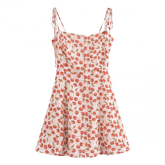 Hot Girl's new slimming country-style retro waisted printed French cherry women's summer lace-up 24 halter dress Hot Girl's new slimming country-style retro waisted printed French cherry women's summer lace-up 24 halter dress