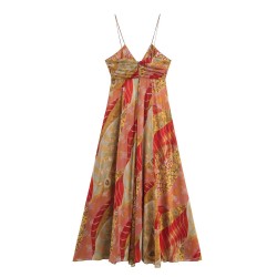 Cross-border foreign trade wholesale 2025 Summer women's clothing, European and American style pleated decorative printed MIDI halter dress for women