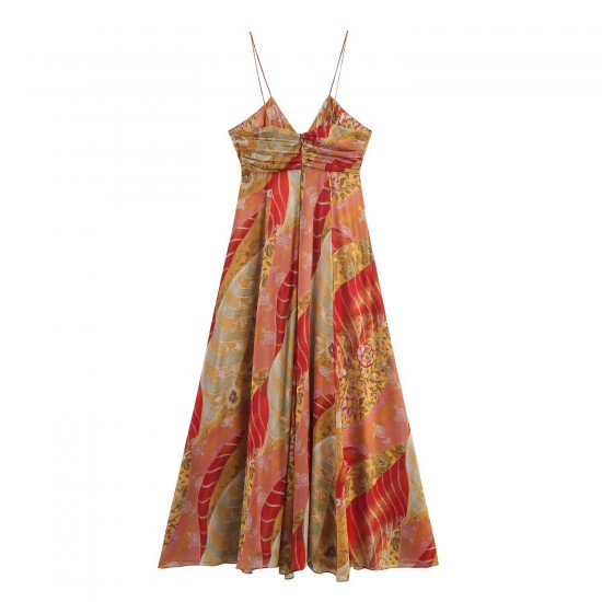 Cross-border foreign trade wholesale 2025 Summer women's clothing, European and American style pleated decorative printed MIDI halter dress for women Cross-border foreign trade wholesale 2025 Summer women's clothing, European and American style pleated decorative printed MIDI halter dress for women