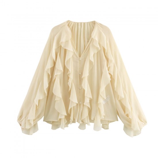 Cross-border wholesale 2025 Spring New women's clothing V-neck single-breasted long-sleeved layered decorative shirts in European and American style Cross-border wholesale 2025 Spring New women's clothing V-neck single-breasted long-sleeved layered decorative shirts in European and American style