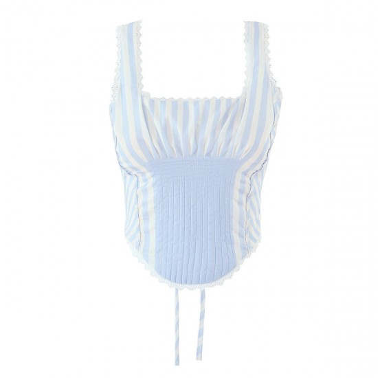 French 2025 Summer new women's collection: square-neck lace pleated back strap striped vest, short halter top French 2025 Summer new women's collection: square-neck lace pleated back strap striped vest, short halter top
