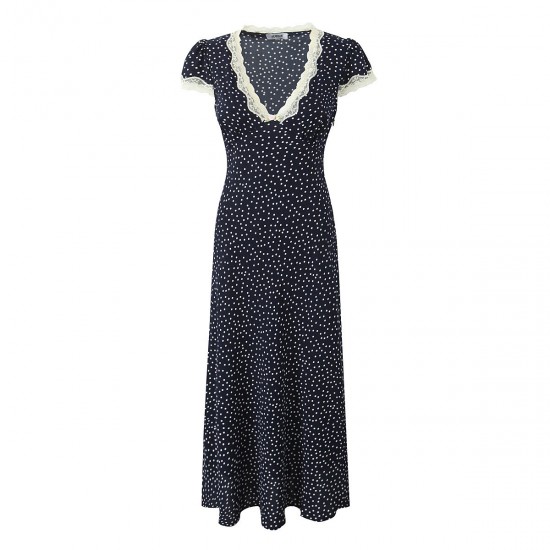 Spring 2025 new French lace patchwork polka dot dress V-neck country-style printed figure-hugging long dress Spring 2025 new French lace patchwork polka dot dress V-neck country-style printed figure-hugging long dress