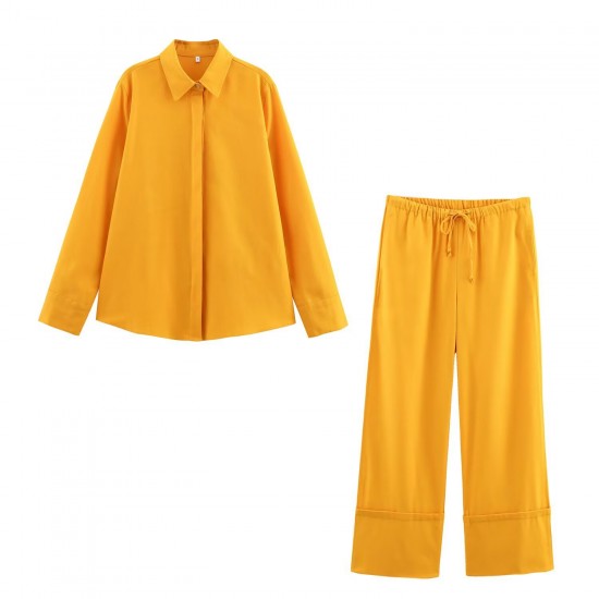 Amazon Wholesale women's Clothing 2025 Spring and Autumn European and American style lapel long-sleeved shirt + long pants fashionable set for women Amazon Wholesale women's Clothing 2025 Spring and Autumn European and American style lapel long-sleeved shirt + long pants fashionable set for women