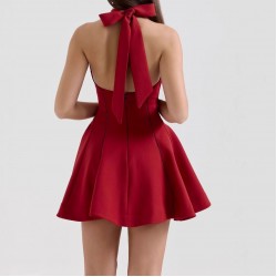 French square neck halter waist retro short skirt dress, European and American party wide swing patchwork halter mini skirt