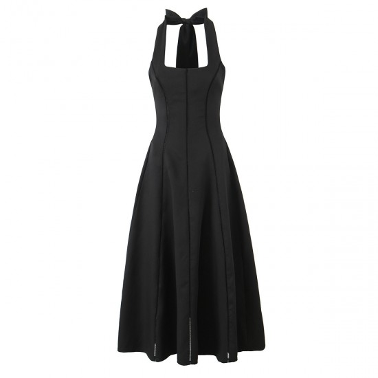 Cross-border foreign trade women's clothing 2025 summer European and American retro style waist-cinching, backless, neck-hanging mid-length dress for women Cross-border foreign trade women's clothing 2025 summer European and American retro style waist-cinching, backless, neck-hanging mid-length dress for women