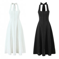 Cross-border foreign trade women's clothing 2025 summer European and American retro style waist-cinching, backless, neck-hanging mid-length dress for women