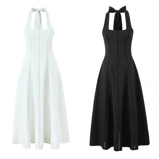 Cross-border foreign trade women's clothing 2025 summer European and American retro style waist-cinching, backless, neck-hanging mid-length dress for women Cross-border foreign trade women's clothing 2025 summer European and American retro style waist-cinching, backless, neck-hanging mid-length dress for women