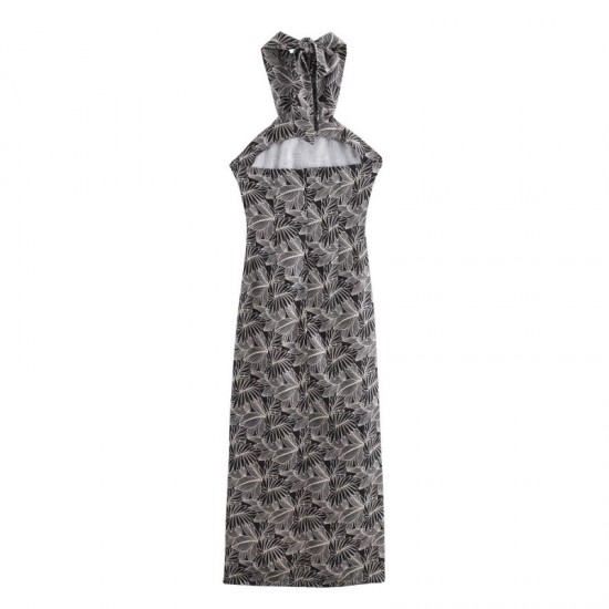 Wholesale of summer new products for foreign trade: European and American retro cross-border women's clothing, elegant printed halter, slit, sleeveless dress Wholesale of summer new products for foreign trade: European and American retro cross-border women's clothing, elegant printed halter, slit, sleeveless dress