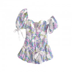 Cross-border French asymmetrical puffed sleeve dress, lace tie lotus leaf dress
