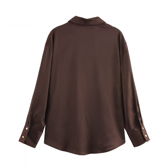 Wholesale of cross-border silk satin textured shirts from Europe and America, new spring street fashion women's wear in 2025, elegant V-neck top