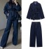 A casual suit for women with visible thread decoration, a belt, flap decoration, long-sleeved lapels, loose shirt, jacket, straight-leg trousers and casual wear