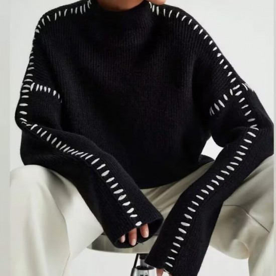The new casual knitted sweater with a contrasting color and patchwork line design is sleeveless and simple The new casual knitted sweater with a contrasting color and patchwork line design is sleeveless and simple